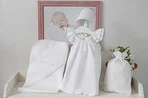 Крестильный набор для девочки 6-12 месяцев – Пелагея, 4 предмета, белый/серебро (Makkaroni Kids, 00-0013581_Белый/серебро, 6-12 мес)